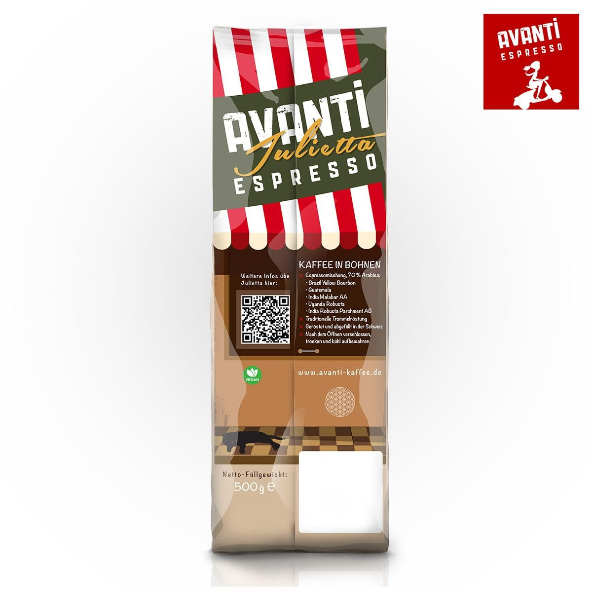 AVANTI Julietta Espresso kaffebønner, 500 g, 70% Arabica 30% Robusta, traditionel tromleristning