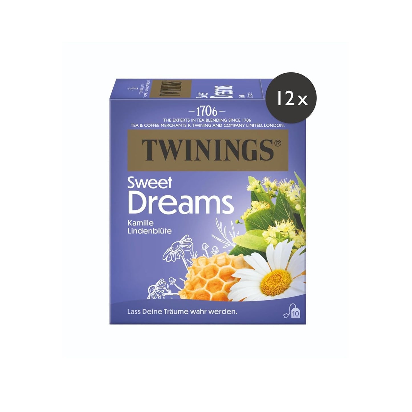 Twinings SWEET DREAMS Kamillete med honning, appelsin og limeblomst - Sød blanding af urteteer til naturlig søvnforbedring, 12-pak (10 teposer hver)