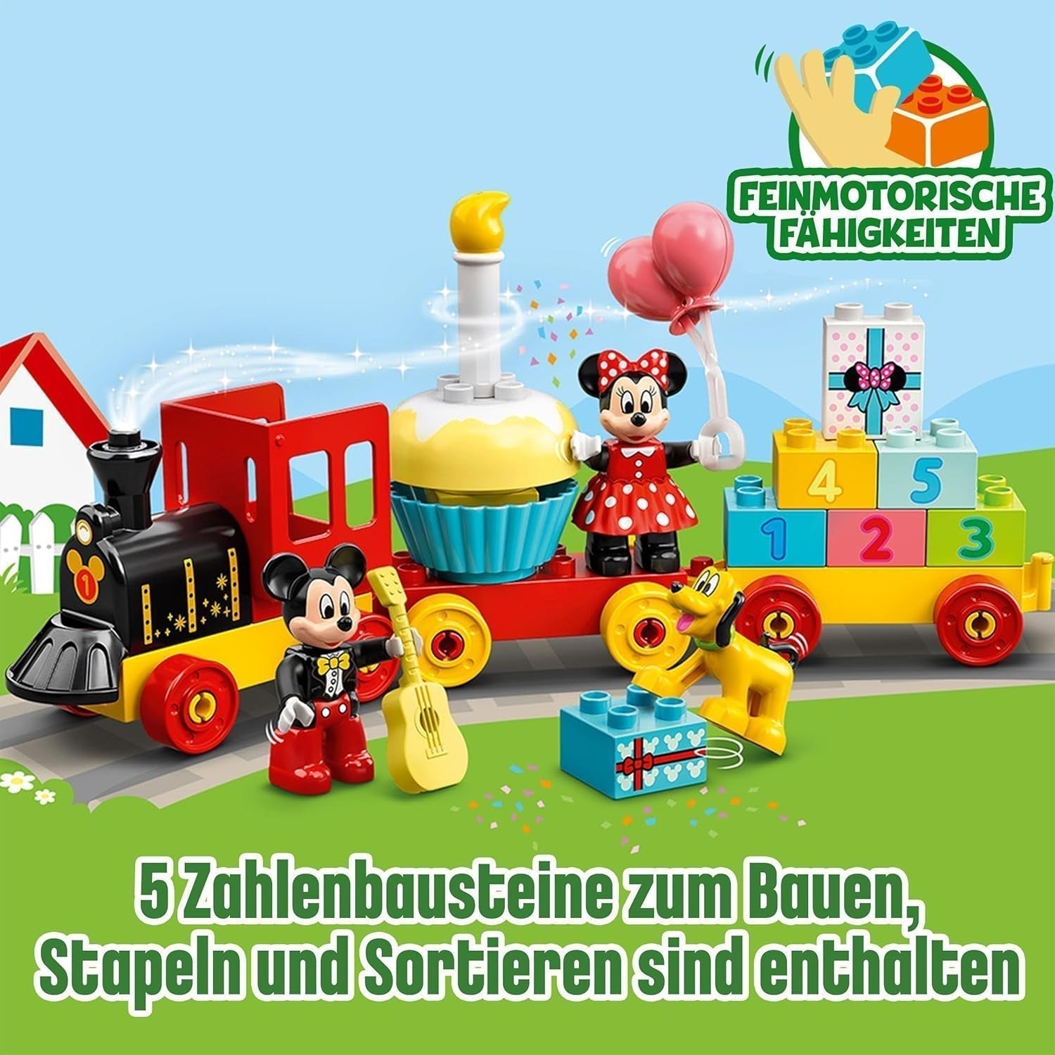 LEGO 10941 DUPLO Disney Mickey og Minnie fødselsdagstog, legetøjstog med kage og balloner, gave til børn 2 år og ældre Byggesæt Besuche den LEGO-Store