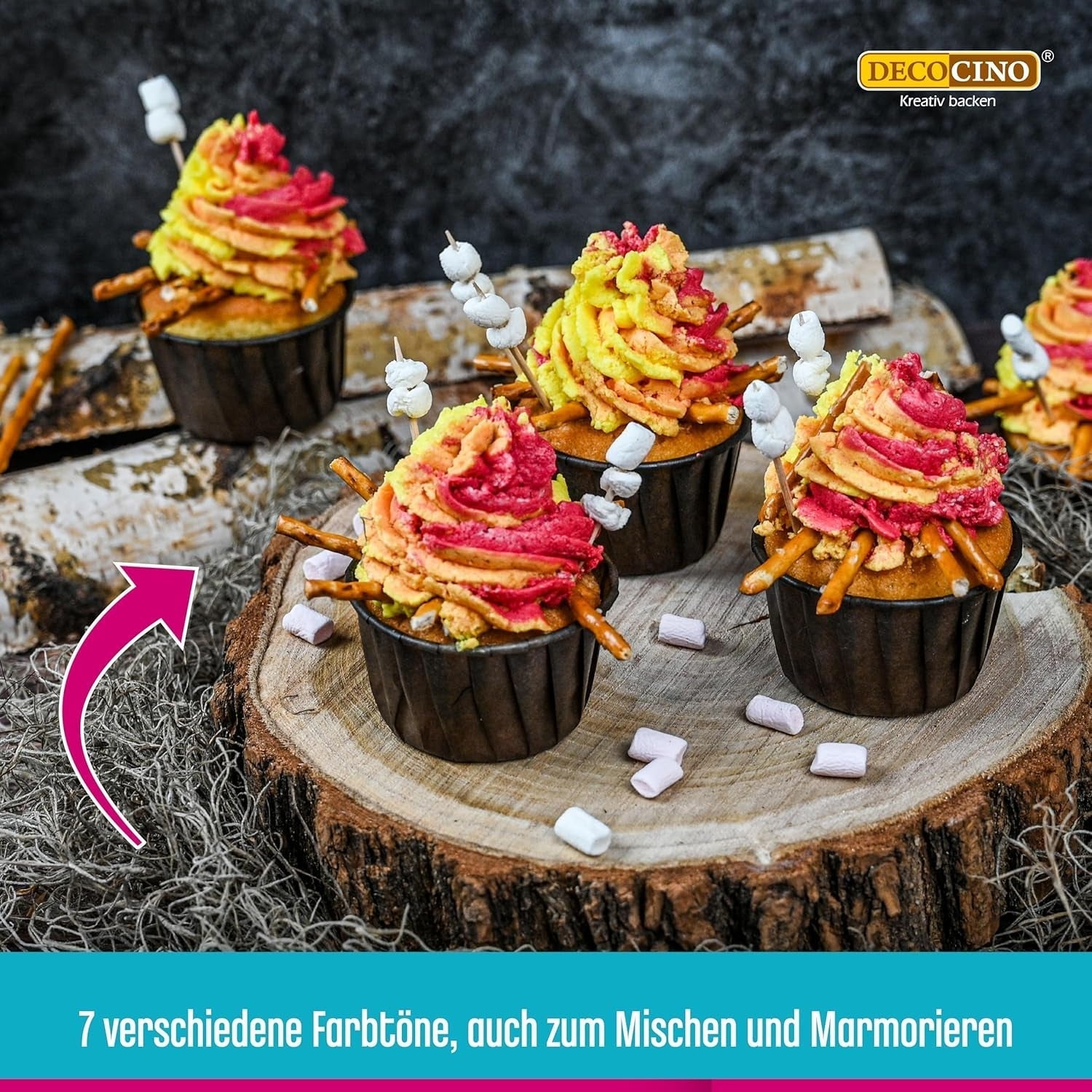Sæt med 6 Decocino farvepastaer - 6 x 20 g - Madfarve i rød, pink, grøn, gul, blå og sort, ideel til farvning af kager, fondant og cremer - Azofri og glutenfri