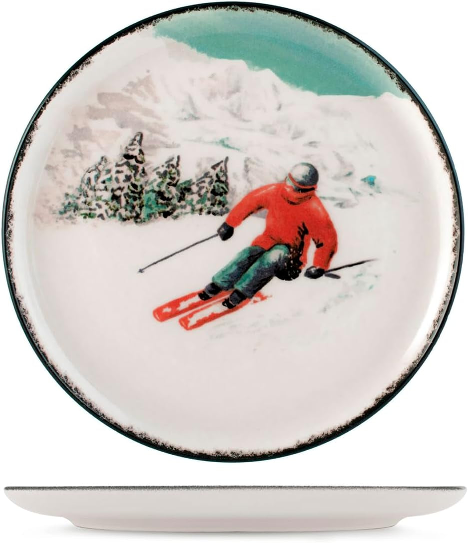 Winter Escape 12-delt julestel i stentøj - Nordic Winter Skier Design - Tåler opvaskemaskine og mikroovn
