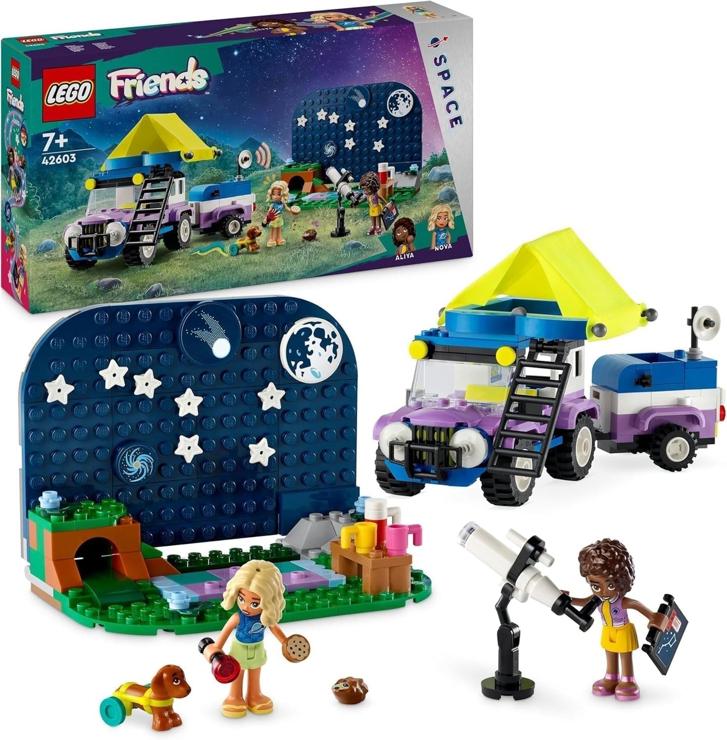 LEGO Friends Stargazer campingkøretøjssæt med terrængående køretøj og legetøjsteleskop, gave til piger og drenge fra 7 år, inkluderer legefigurer Nova, Aliya og en hund 42603 byggesæt Besuche den LEGO-Store Single