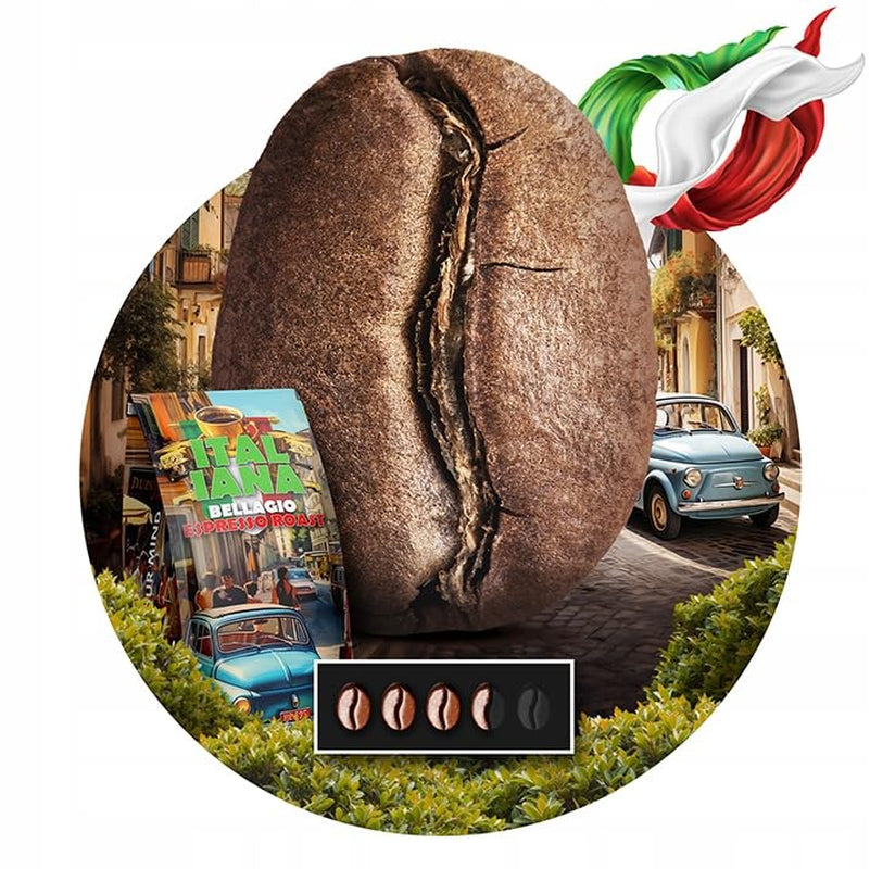 Ristede kaffebønner Italiana Bellagio 1kg | 80% Arabica og 20% ​​Robusta | med strejf af nødder og mørk chokolade | friskristet, lav syreindhold | til kaffemaskiner | Blå spækhugger kaffe