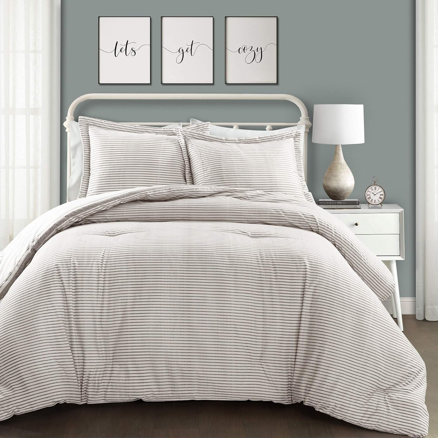 Lush Decor Farmhouse quilt med striber, Full/Queen, grå dyner og dyner Naty Shop