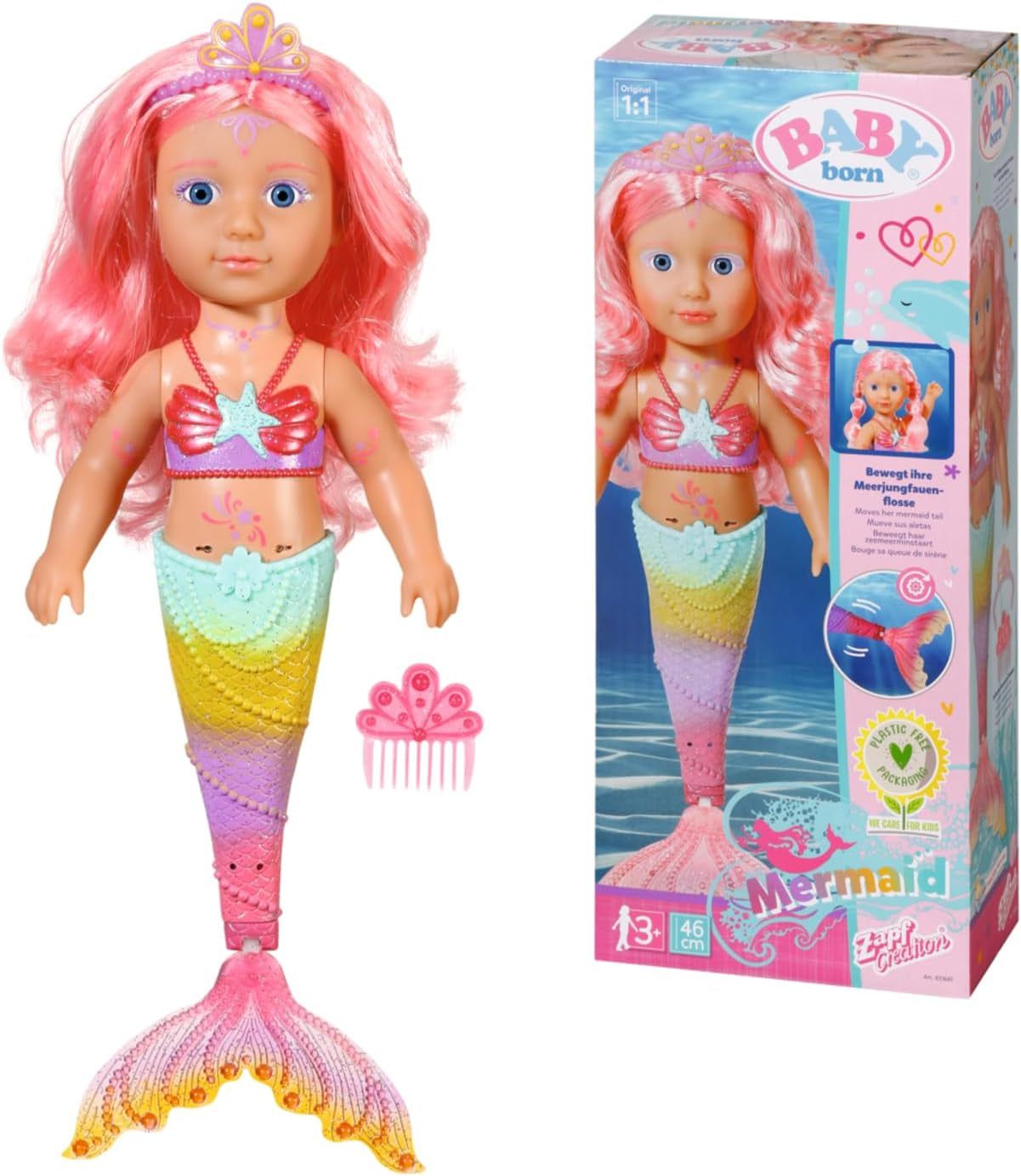 BABY Born Lillesøster Havfrue 46 cm Vandtæt Havfruedukke med langt hår og bevægelig glitterfinne, inkl. tiara og kam, 833681 Zapf Creation Dolls Naty Shop Single