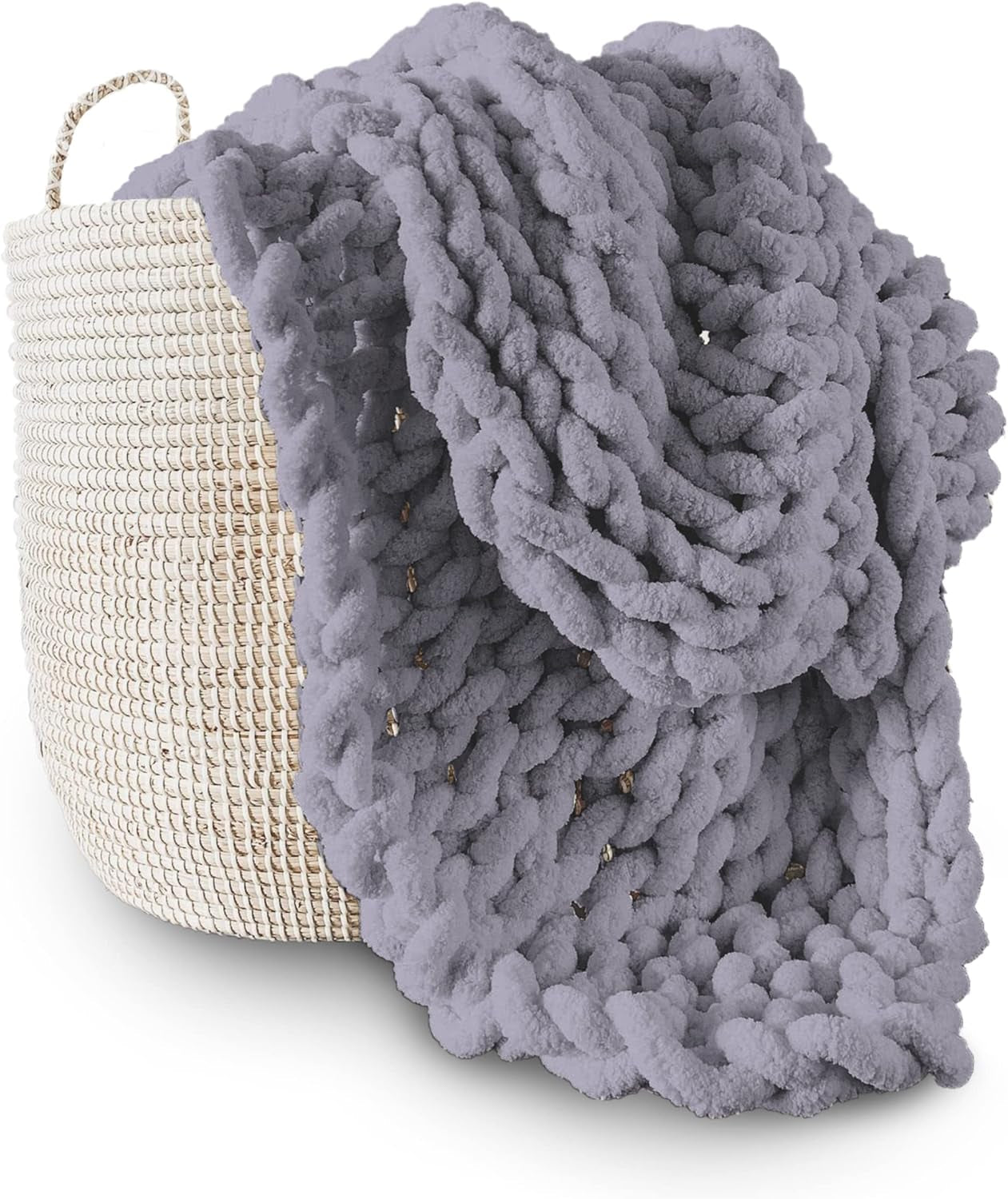 Chunky strikket tæppe, plaid, 100% håndstrikket med jumbo chenille garn (127 X 152,4 Cm, lilla grå) Adyrescia Senge og dyner Grå 50 "X60"