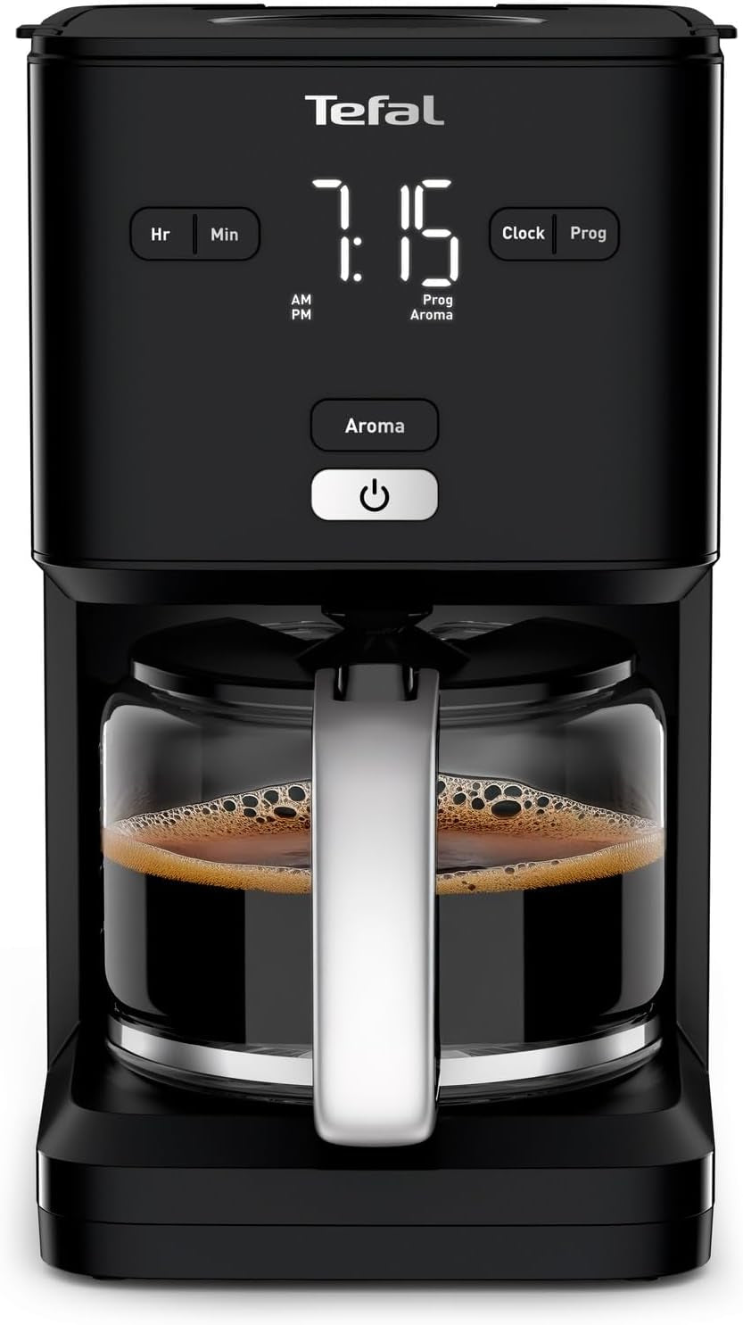 Tefal Smart'n Light Espressomaskine med timer, Espressomaskine med programmerbart filter 1,25 L, Aromafunktion for Intens Aroma, Holde Varm funktion, Anti-dryp og nem at rengøre, Sort