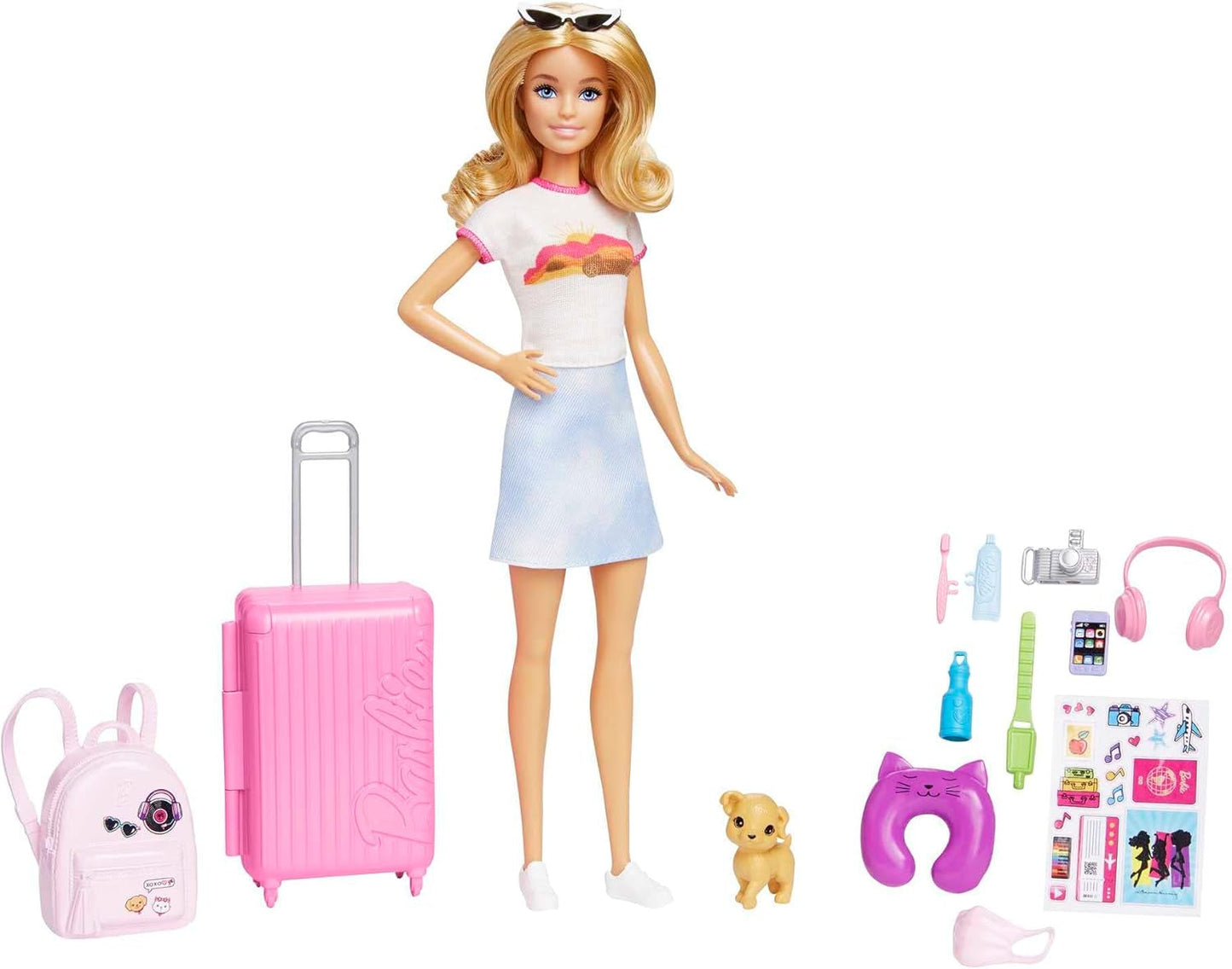 Barbie-dukke, rejse-barbie med blondt hår, 10+ rejsetilbehør, klistermærker, kuffert, hvalp, inkluderer 1 dukke, gave til børn, 3+-legetøj, HJY18