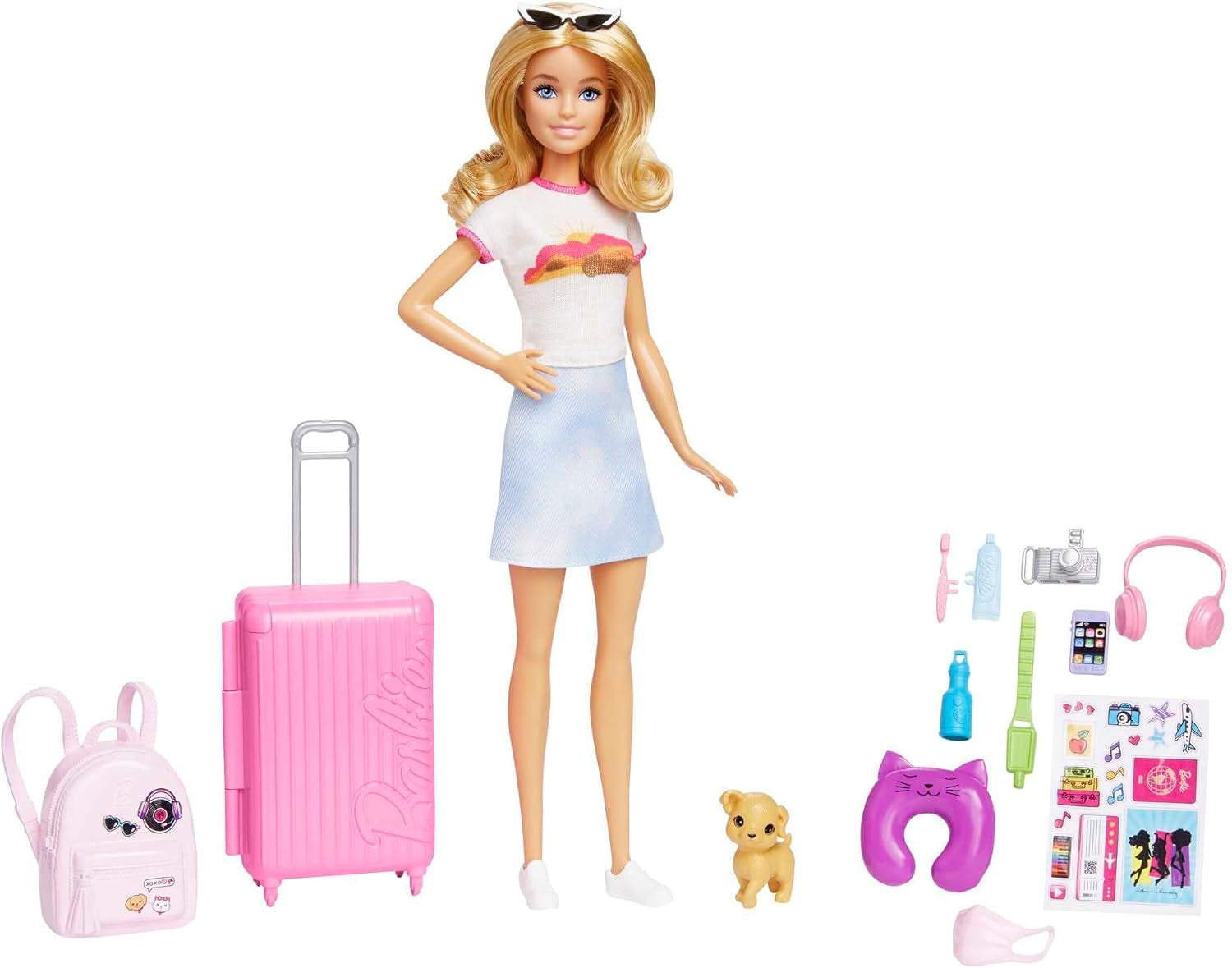 Barbie-dukke, rejse-barbie med blondt hår, 10+ rejsetilbehør, klistermærker, kuffert, hvalp, inkluderer 1 dukke, gave til børn, 3+-legetøj, HJY18