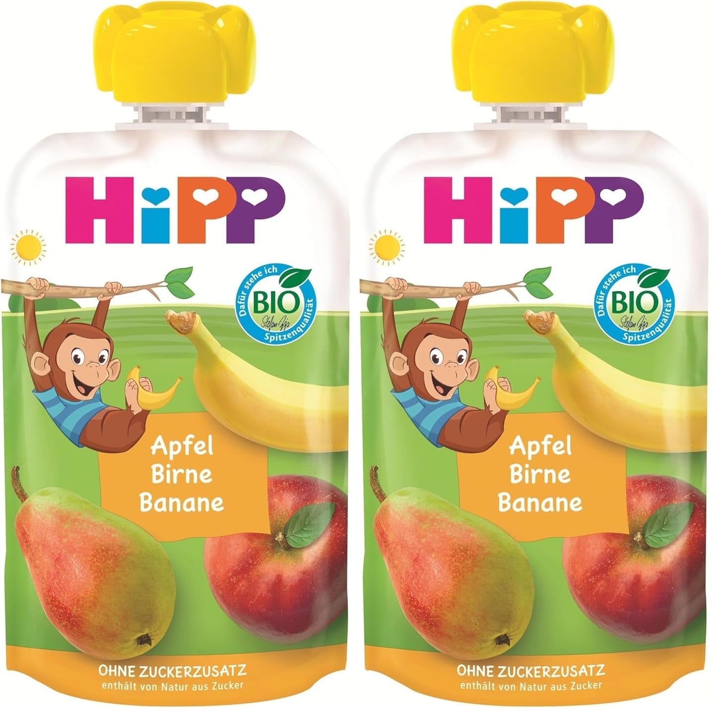 HiPP økologiske frugtposer, kan presses, æble, pære, banan - Anton Maimuta (8 x 100g), fra 1 år, 100% frugtpuré, uden tilsat sukker, vegansk, bedste økologiske kvalitet (pakke med 2)