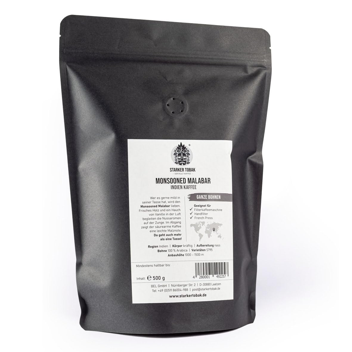 STARKER TOBAK Monsooned Malabar-kaffe, hele bønne, håndristet - mellemristet, Indien, 100 % Arabica, velegnet til filterkaffe, fransk presse, fuldautomatiske kaffemaskiner, skånsom mod maven - ekstra lav surhed