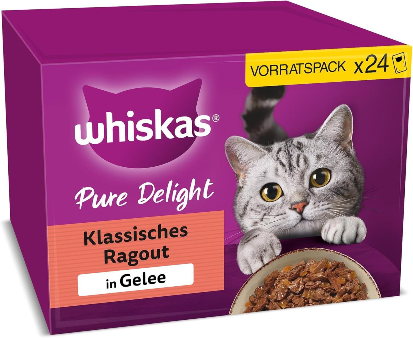 WHISKAS PURE DELIGHT Vådfoder i gelé 24 x 85g Classic Ragout (4 pakker) 48 portionsposer