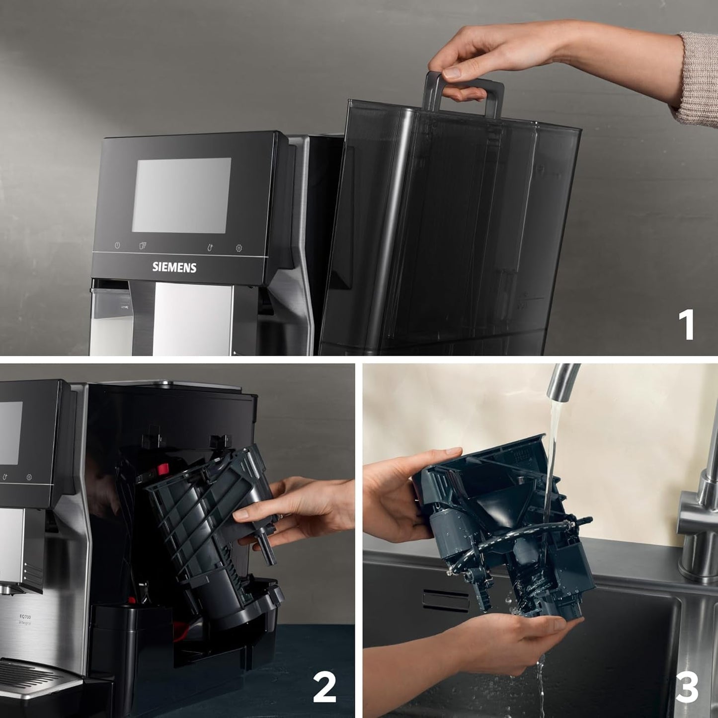 Siemens EQ700 fuldautomatisk espressomaskine, stor TFT-farveskærm, 36 varme og kolde drikke, koldbryg, 2 kops funktion, app kontrol, automatisk rengøringssystem, sort rustfrit stål, TQ717D03