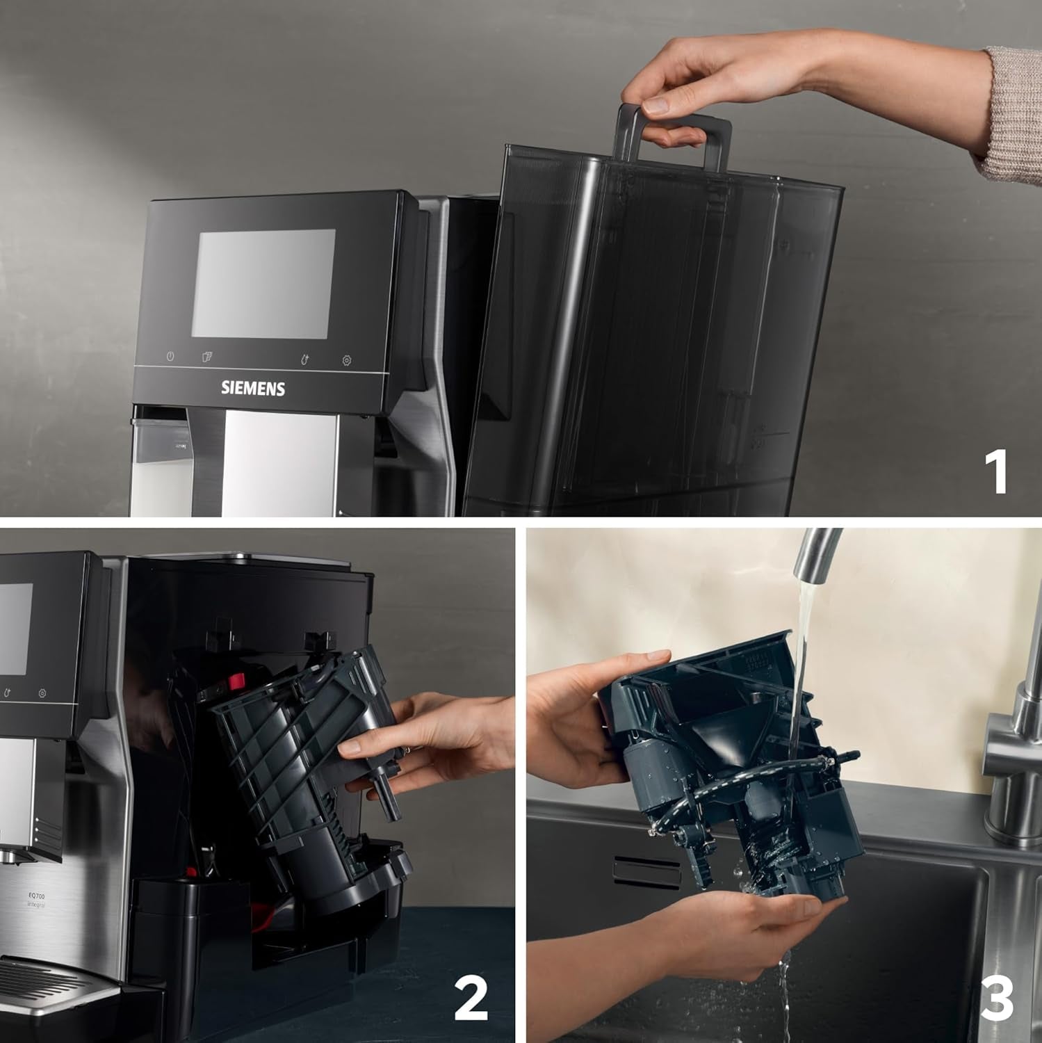 Siemens EQ700 fuldautomatisk espressomaskine, stor TFT-farveskærm, 36 varme og kolde drikke, koldbryg, 2 kops funktion, app kontrol, automatisk rengøringssystem, sort rustfrit stål, TQ717D03