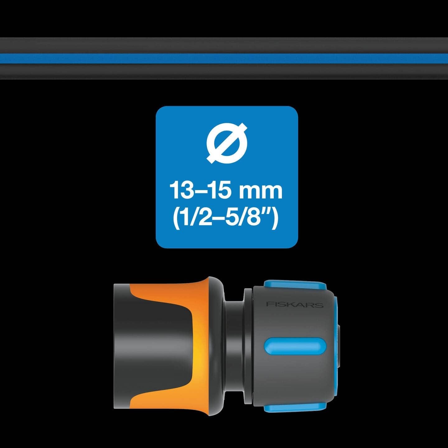 Fiskars vandhjul vandslangesæt med 2 slangeforbindelser og vandhaneforbindelse, universel størrelse, vridningsstivhedsniveau 4 (af 5), 1,8 m, Ø1,3-1,5 cm (1/2-5/8"), sort/orange/blå, 1057621