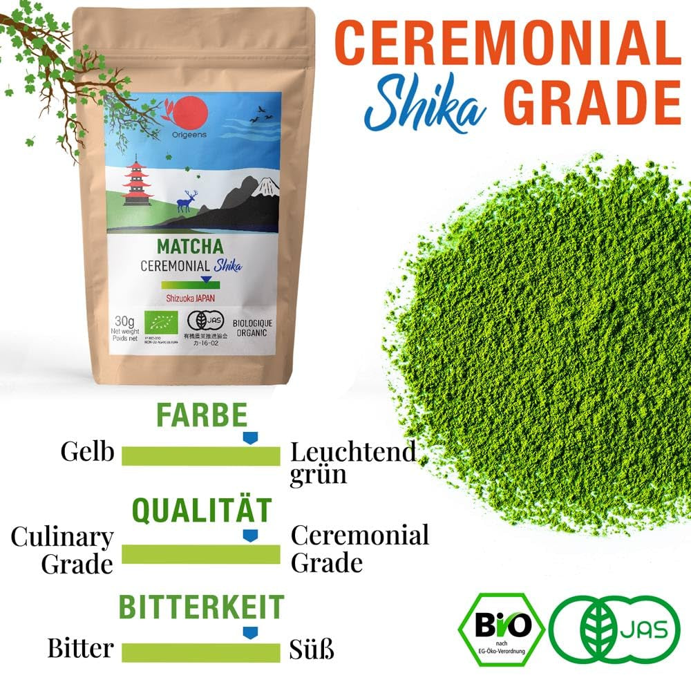 ORIGEENS BIO MATCHA CEREMONIAL GRADE "SHIKA" - Økologisk japansk te fra Shizuoka - Matcha Latte/Usucha - 30g refillpose - Ceremoniel økologisk Matcha grøn te-pulver