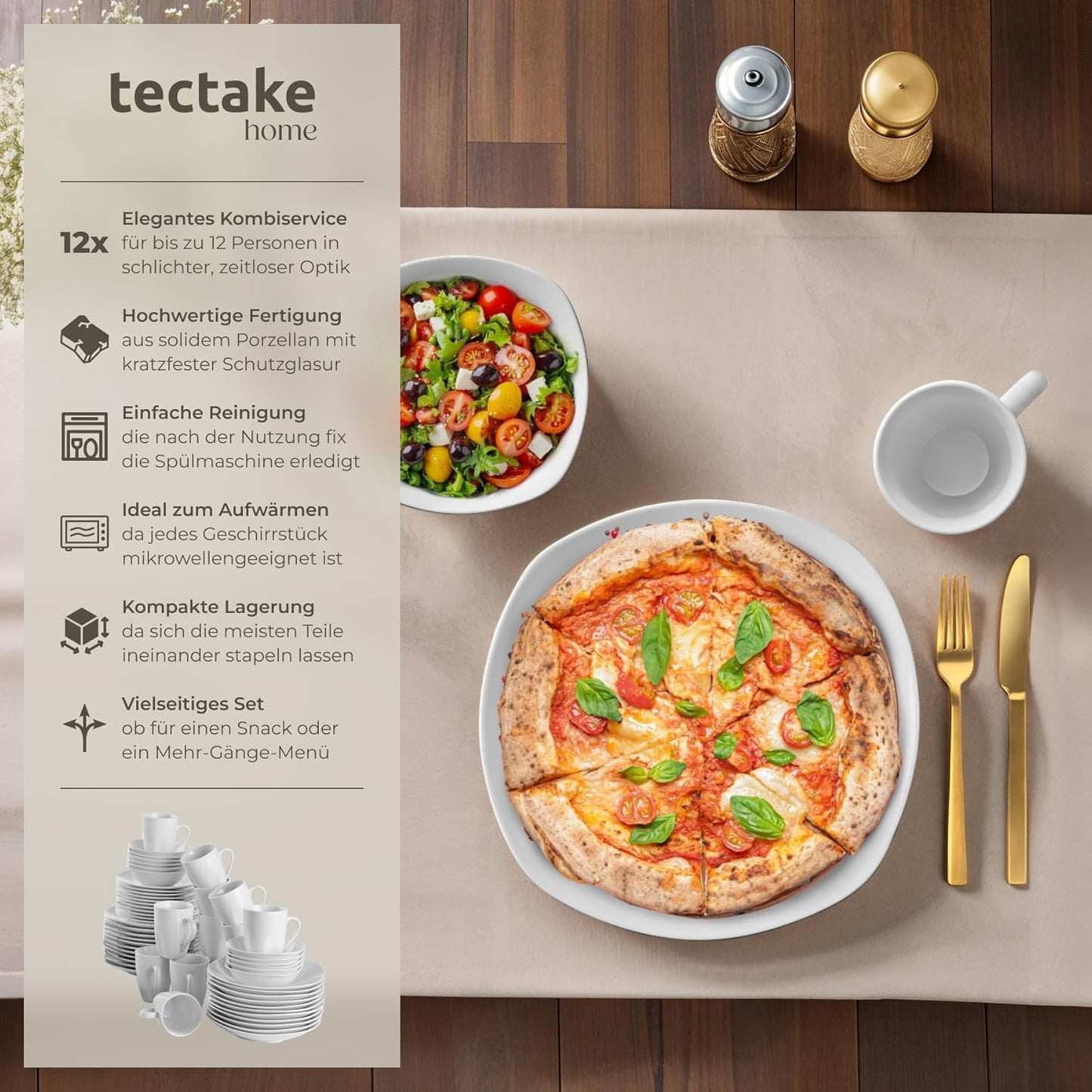 tectake® 12-personers spisestel, 100-delt porcelænsstel, inklusive 12 tallerkener, 12 desserttallerkener, 12 middagstallerkener, 12 kopper, 12 kornskåle, salatskål, mælkekande, sukkerskål