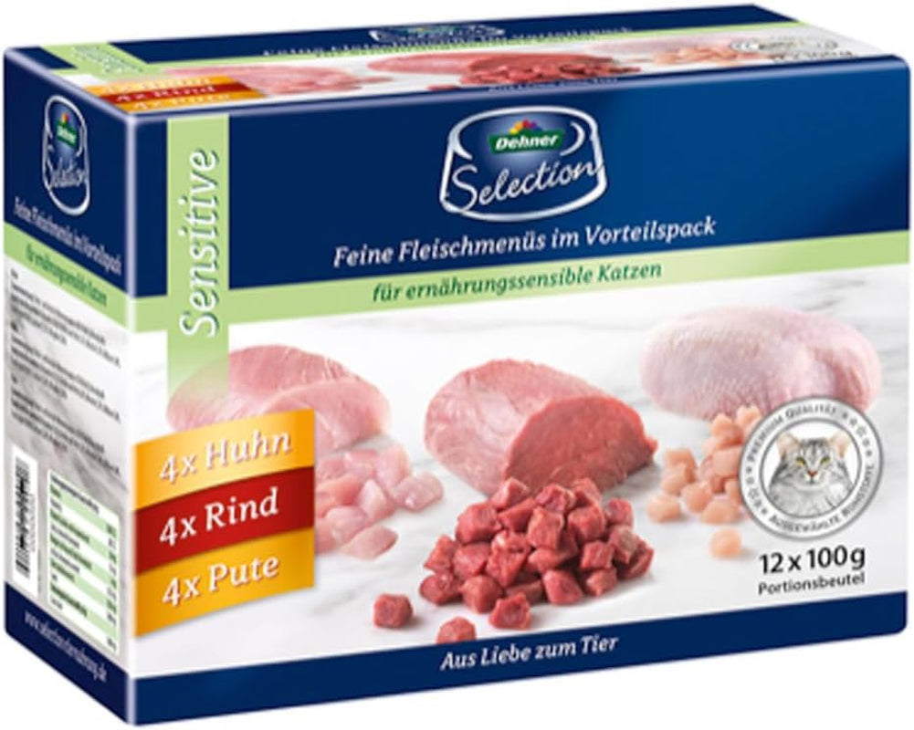 Dehner Premium Katzenfutter Sensitive Multipack, Nassfutter, für Ernährungssensible Katzen, er 4 x Huhn / Rind / Pute, 12 x 100 g pose (1,2 kg)