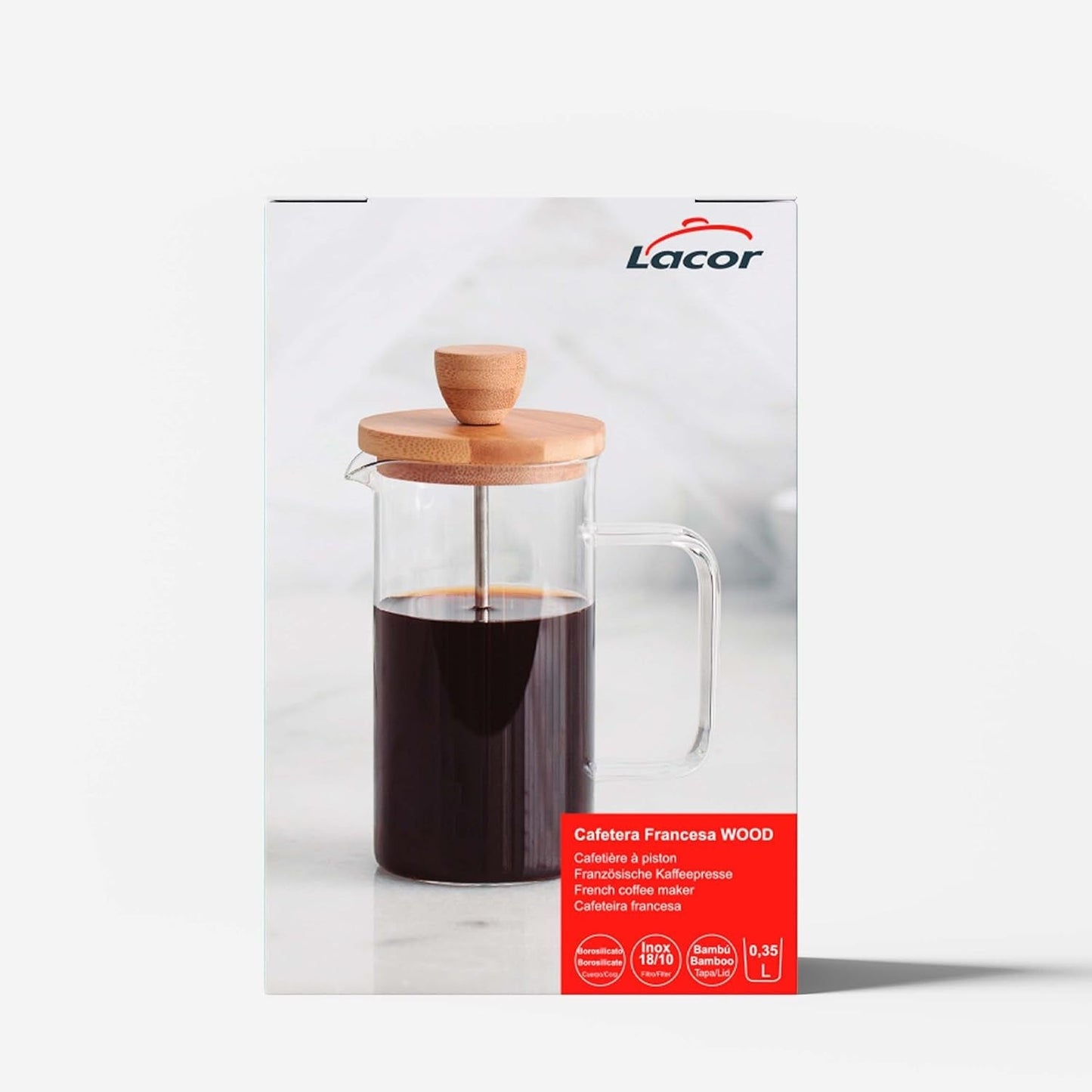 Fransk kaffemaskine, kaffepresse, stempelkaffemaskine, fransk filterkaffekande, 3 kopper, 0,35 l, stål og træ