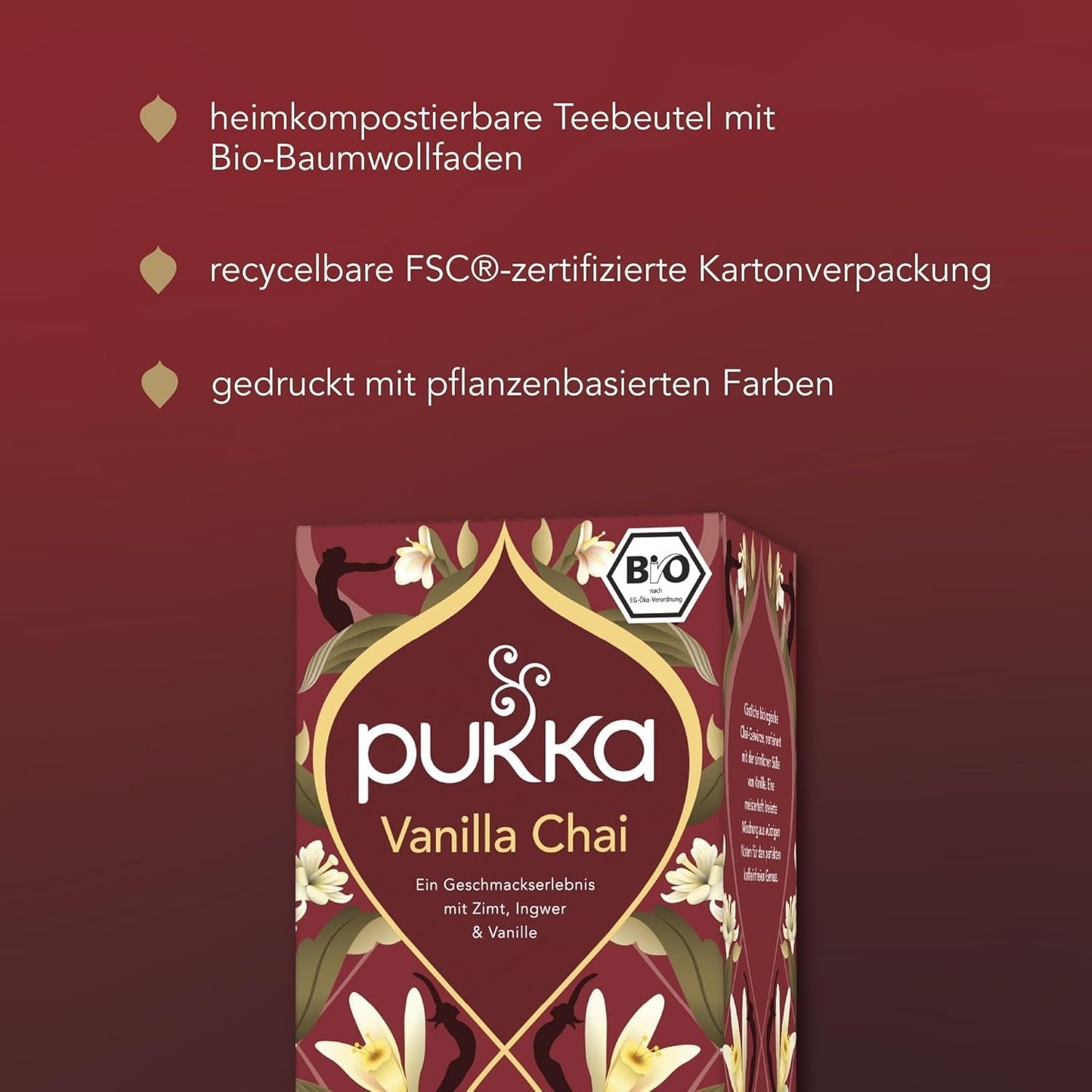 Pukka | Blanding af økologiske teer "Vanilla Chai" | Kanel, ingefær og vanilje | Te til en godbid med naturlig sødme | Pakke med 1 | 20 teposer