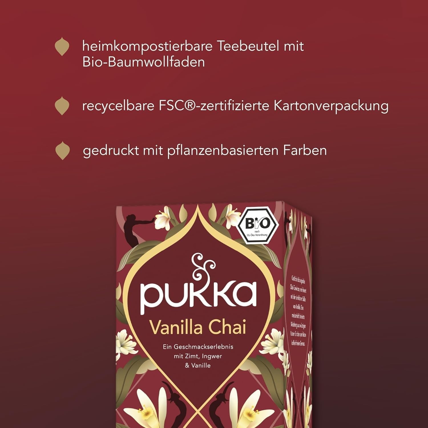 Pukka | Blanding af økologiske teer "Vanilla Chai" | Kanel, ingefær og vanilje | Te til en godbid med naturlig sødme | Pakke med 1 | 20 teposer
