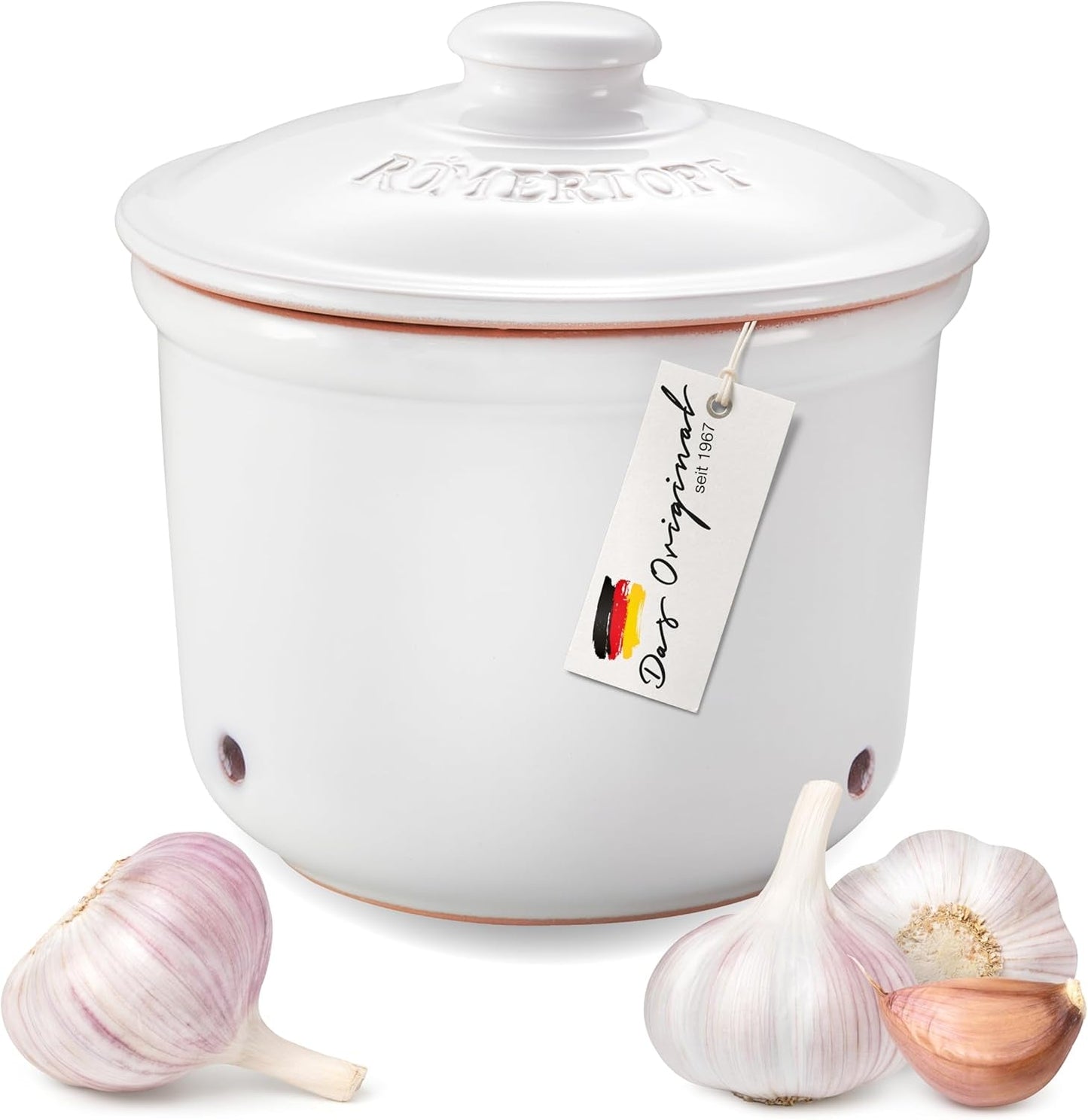 Römertopf Fresh Pot MINI 0,6 liter - Keramisk hvidløgsgryde - Åndbart ler holder grøntsager friske i længere tid - Ideel luftcirkulation - Hvide madkasser Naty Shop Standardtitel