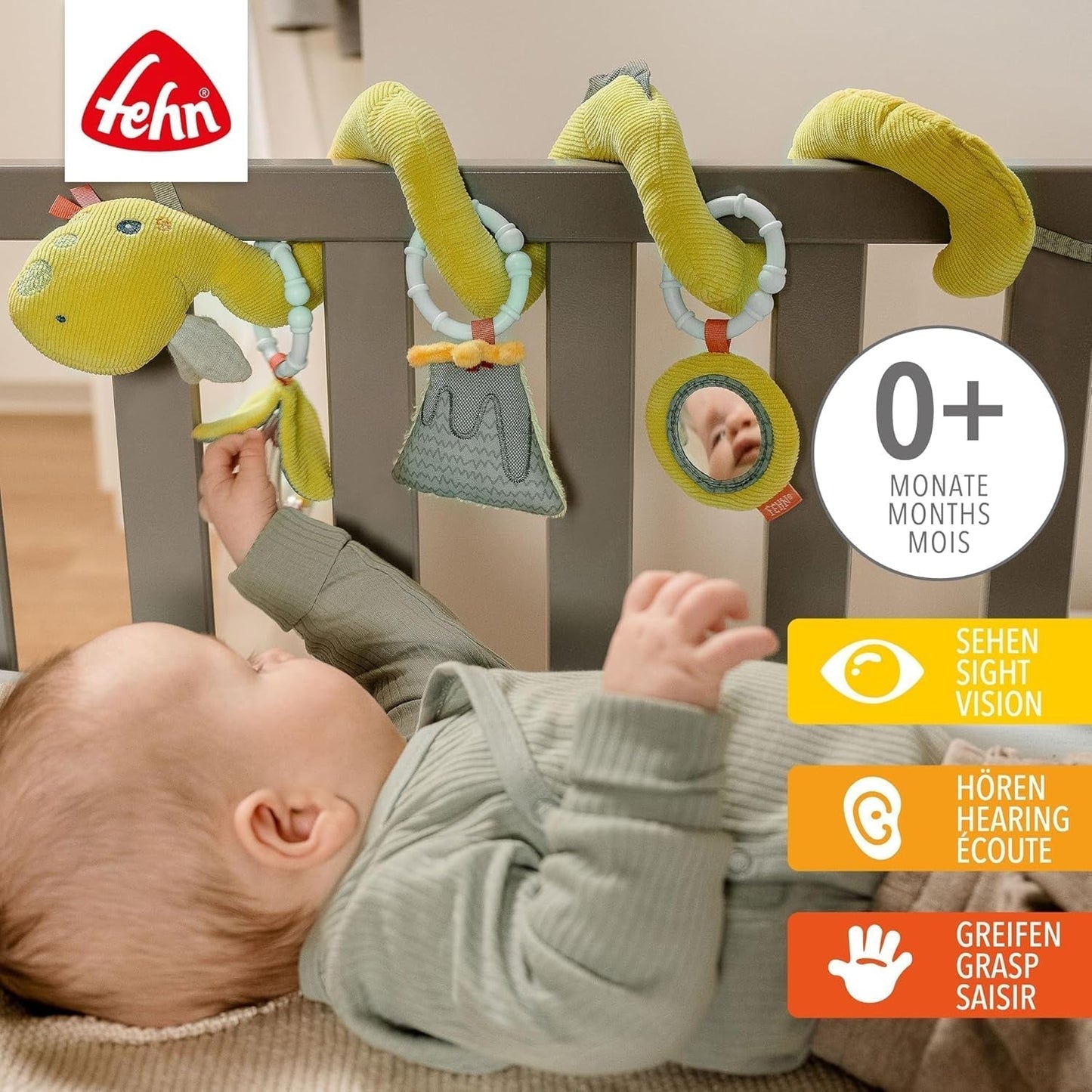 Fehn Activity Spiral Dino - skub og træk klapvognslegetøj - babydinosaurlegetøj til seng, legeplads, barnevogn og autostol - motorisk aktivitetslegetøj til babyer og småbørn fra 0+ måneder Babylegetøj Naty Shop