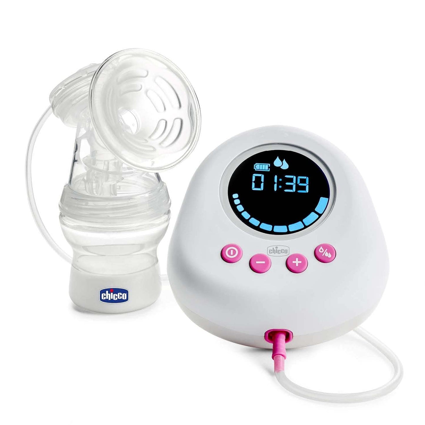 Chicco elektrisk brystpumpe med stimulerings- og ekstraktionsfaser, 10 intensitetsniveauer, behagelig og hurtig, ergonomisk form, med skrå patte og stram hætte, hvid, 150 ml Tilbehør Mad og amning Bebe Naty Shop