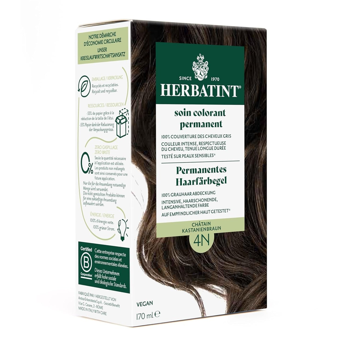 Permanent hårfarvegel 6N mørkeblond - 170 ml I Ammoniakfri, 100% dækning af gråt hår I Testet på følsom hud, med 8 planteekstrakter Hårfarve Naty Shop 4N kastanjebrun