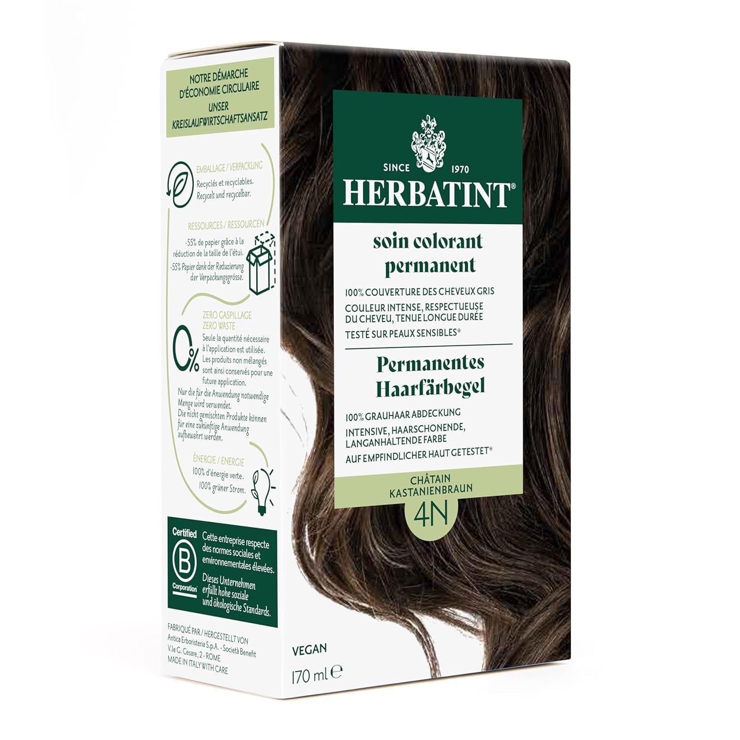 Permanent hårfarvegel 6N mørkeblond - 170 ml I Ammoniakfri, 100% dækning af gråt hår I Testet på følsom hud, med 8 planteekstrakter Hårfarve Naty Shop 4N kastanjebrun
