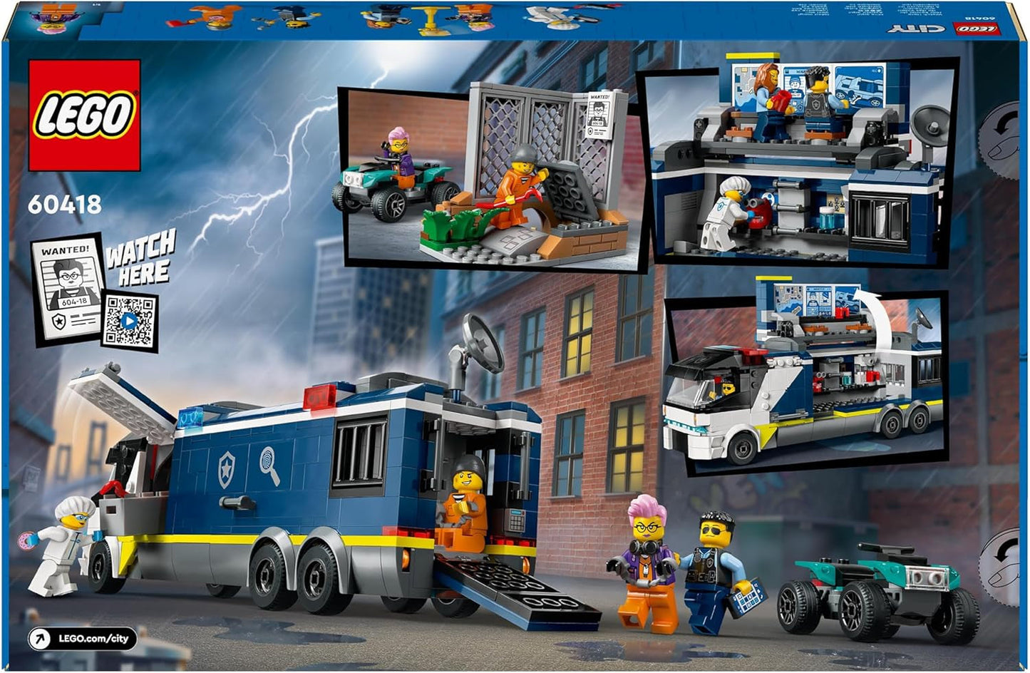 LEGO City politibil med laboratorium, 4 politisæt og legetøjsvogn til børn, gave til drenge og piger fra 7 år og opefter, plus 5 minifigurer - 2 politimænd, 1 videnskabsmand og 2 skurke 60418 byggesæt Beuche den LEGO-Store