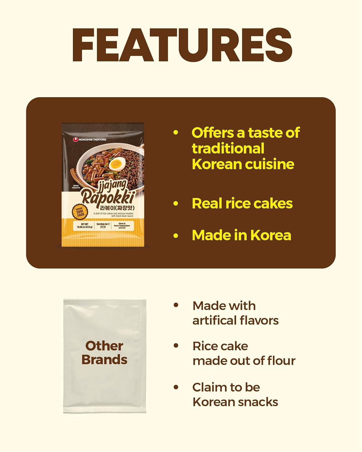 NONGSHIM Rapokki (Jjajang, 400 ml) – autentisk koreansk streetfood, ramen og riskager, sorte bønner; hurtig og nem at tilberede, klar på 4 minutter