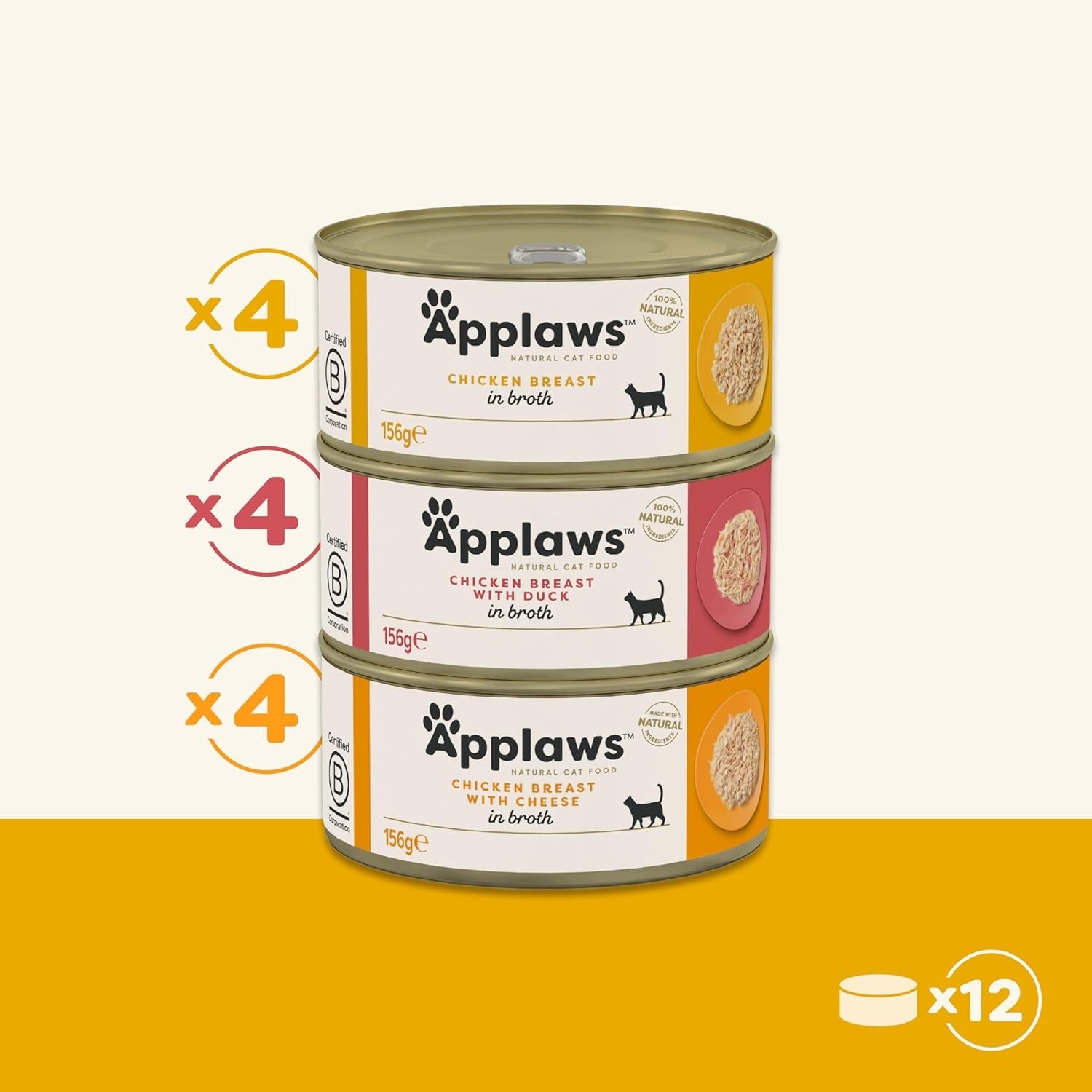 Applaws 100 % naturlig premium våd kattefoder Kylling i bouillon multipakke - 12 dåser x 156 g pakke