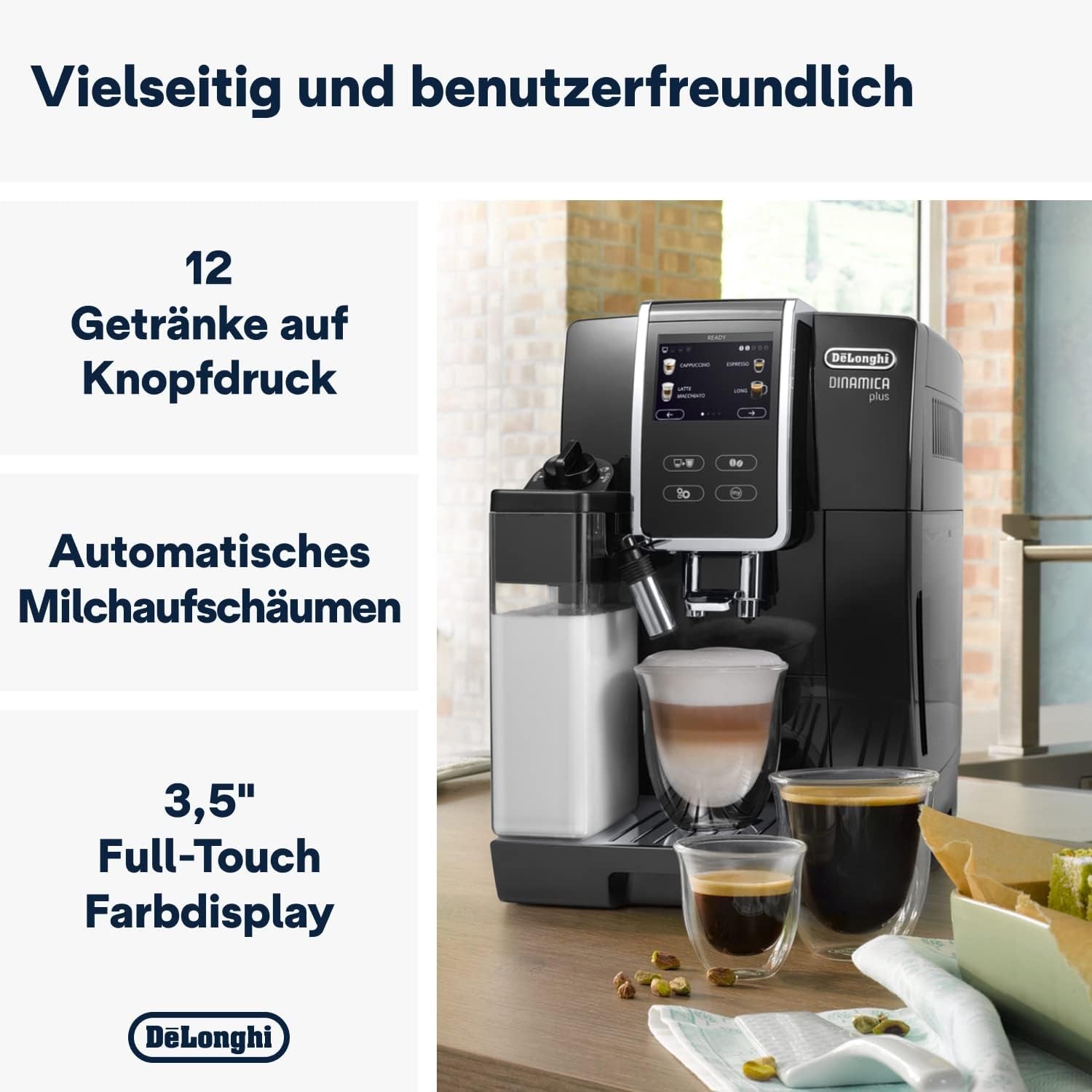 De'Longhi Dinamica Plus ECAM 370.70.B Fuldautomatisk espressomaskine med LatteCrema mælke-, cappuccino- og espressosystem, 3,5 tommer TFT farveberøringsskærm og appkontrol, kaffefunktion, sort