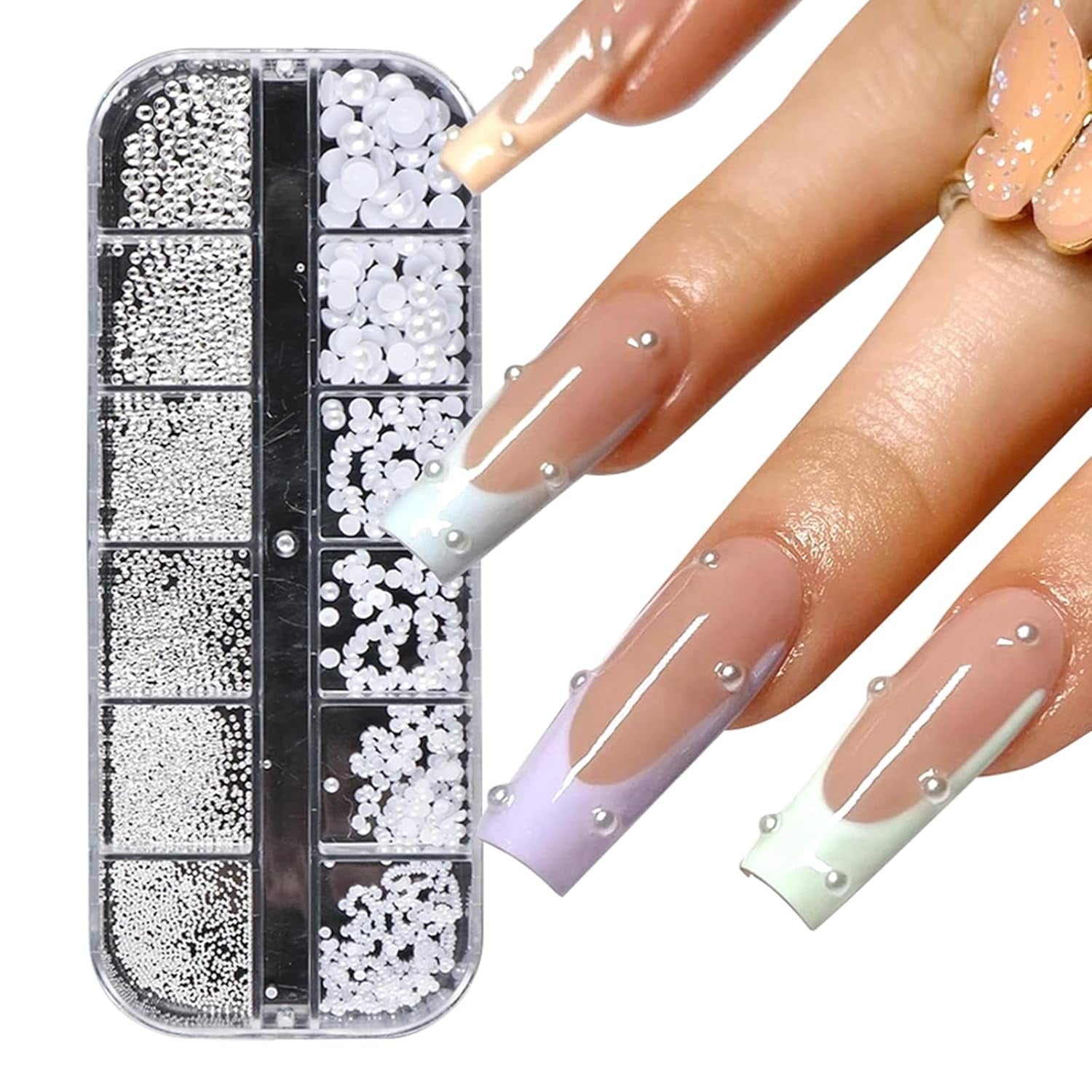 GZSY Nail Art Strasssteine ​​Nagel Perlen Weiß 12Raster Nagel Charms Nageldesign Tilbehør Perle Nail Art