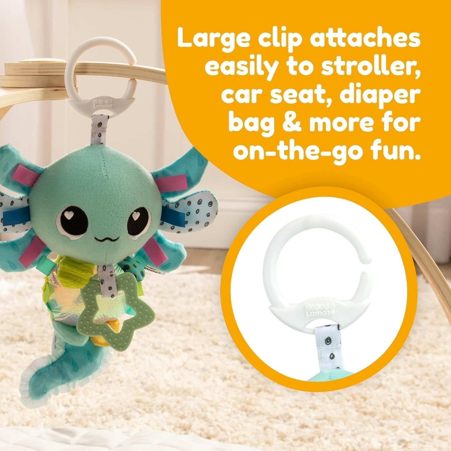 LAMAZE Alise Axolotl - Clip & Go klapvognslegetøj - sanselegetøj til babyer - 0-6 måneders tidligt læringslegetøj - ekspertdesignet til nyfødte - Babyshowergaver Bebe Naty Shop legetøj