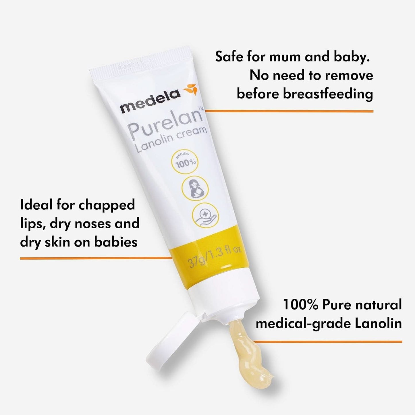 Medela Purelan 37G Lanolin Nipple Cream - creme til ømme brystvorter og tør hud, 100 % naturlig, allergivenligt Tilbehør Mad og amning Bebe Naty Shop