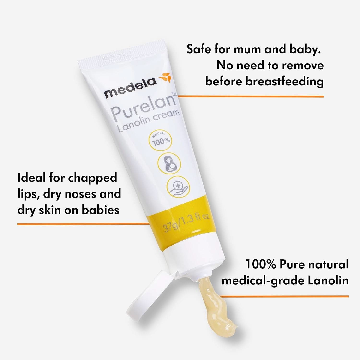 Medela Purelan 37G Lanolin Nipple Cream - creme til ømme brystvorter og tør hud, 100 % naturlig, allergivenligt Tilbehør Mad og amning Bebe Naty Shop