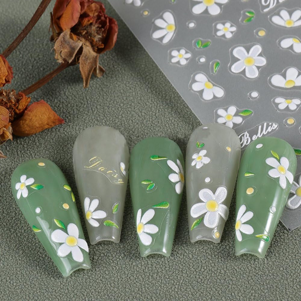 5 stk Geprägte Gänseblümchen Nagelsticker Selbstklebend Blumen Nagelaufkleber Gänseblümchen Schmetterling Nagel Sticker Nageldesign Aufkleber Nägel Zubehör Blume Nail Sticker Flower Nail Art Stickers
