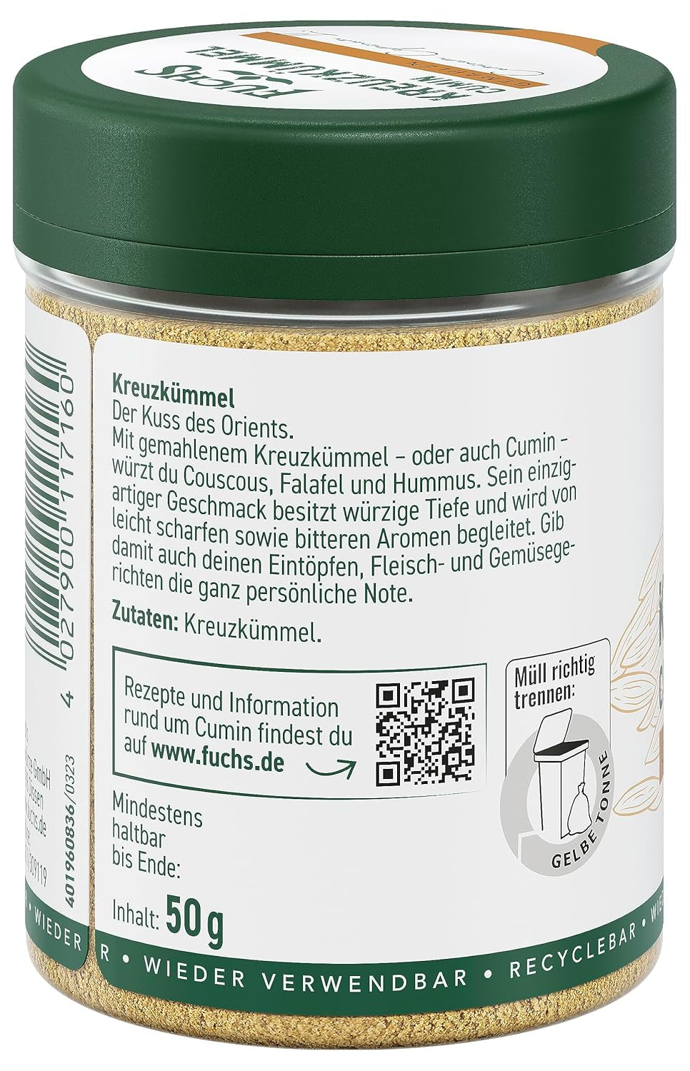 Fuchs Gewürze - Kreuzkümmel gemahlen - zum Würzen von Couscous, Hummus og Falafel - naturlige ingredienser - 50 g i wiederverwendbarer, genbrugsbarer Dosis