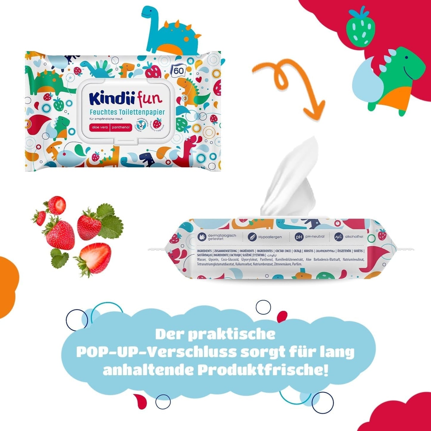 Kindii Fun Wet Toilet Paper - (10X60 stk.) Vådt toiletpapir - Kamille, Aloe Vera, Ph-neutral, Vandbar, Opfrisker det intime område - 600 stk.