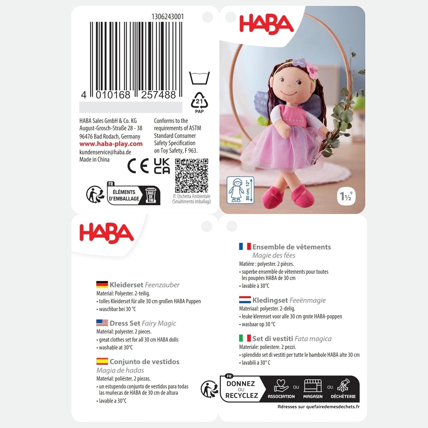 HABA Fairy Magic Dukketøj - 2-delt sæt til 18 måneder og opefter dukker (30 cm) - Tylkjole med vinger, blomsterhårbånd inkluderet - 1306243001