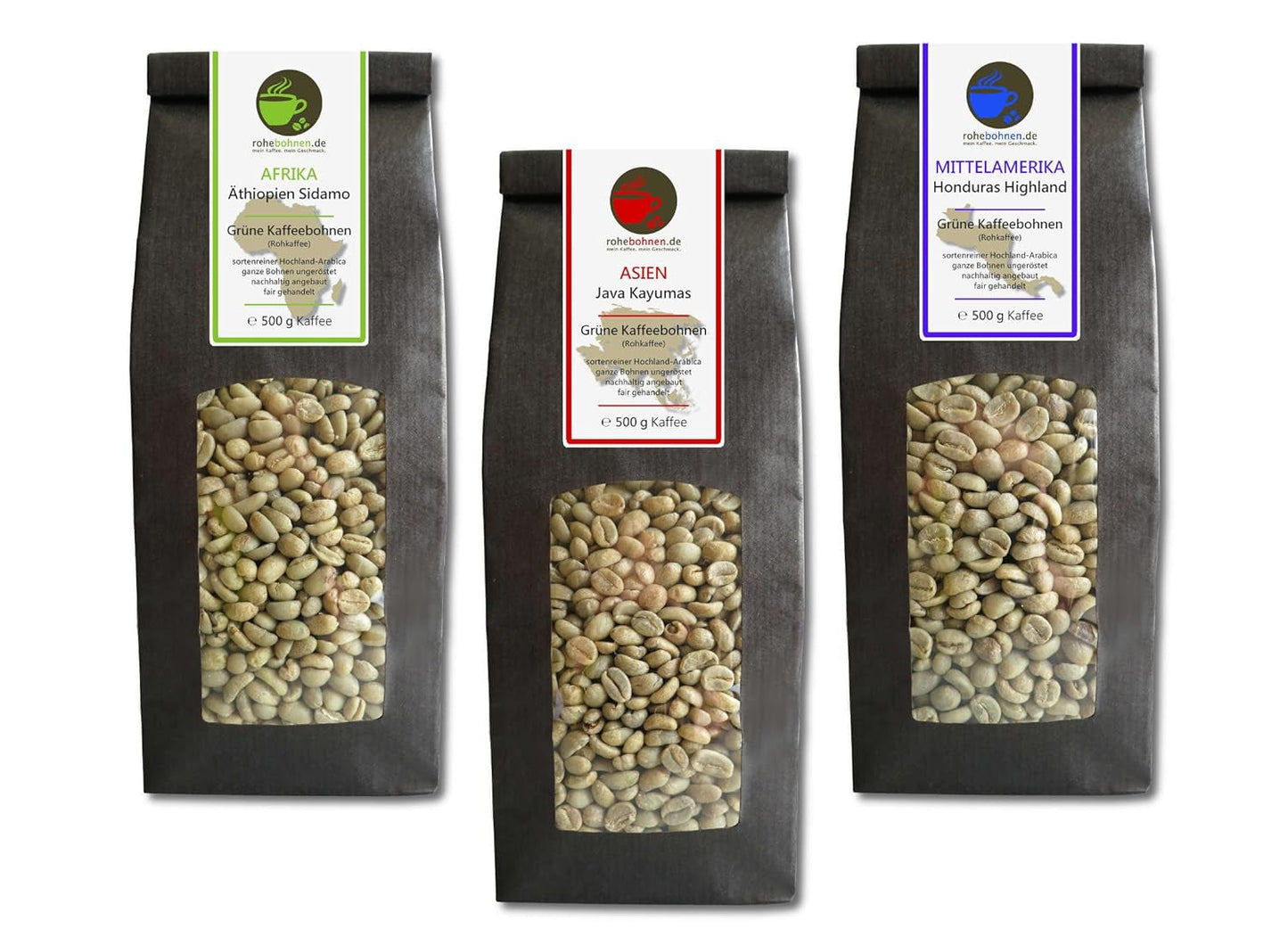 Rå kaffe - Økologisk Etiopien, Java, Honduras grøn kaffe (reduceret pakke grønne kaffebønner 3x500 g) - GMP certificeret