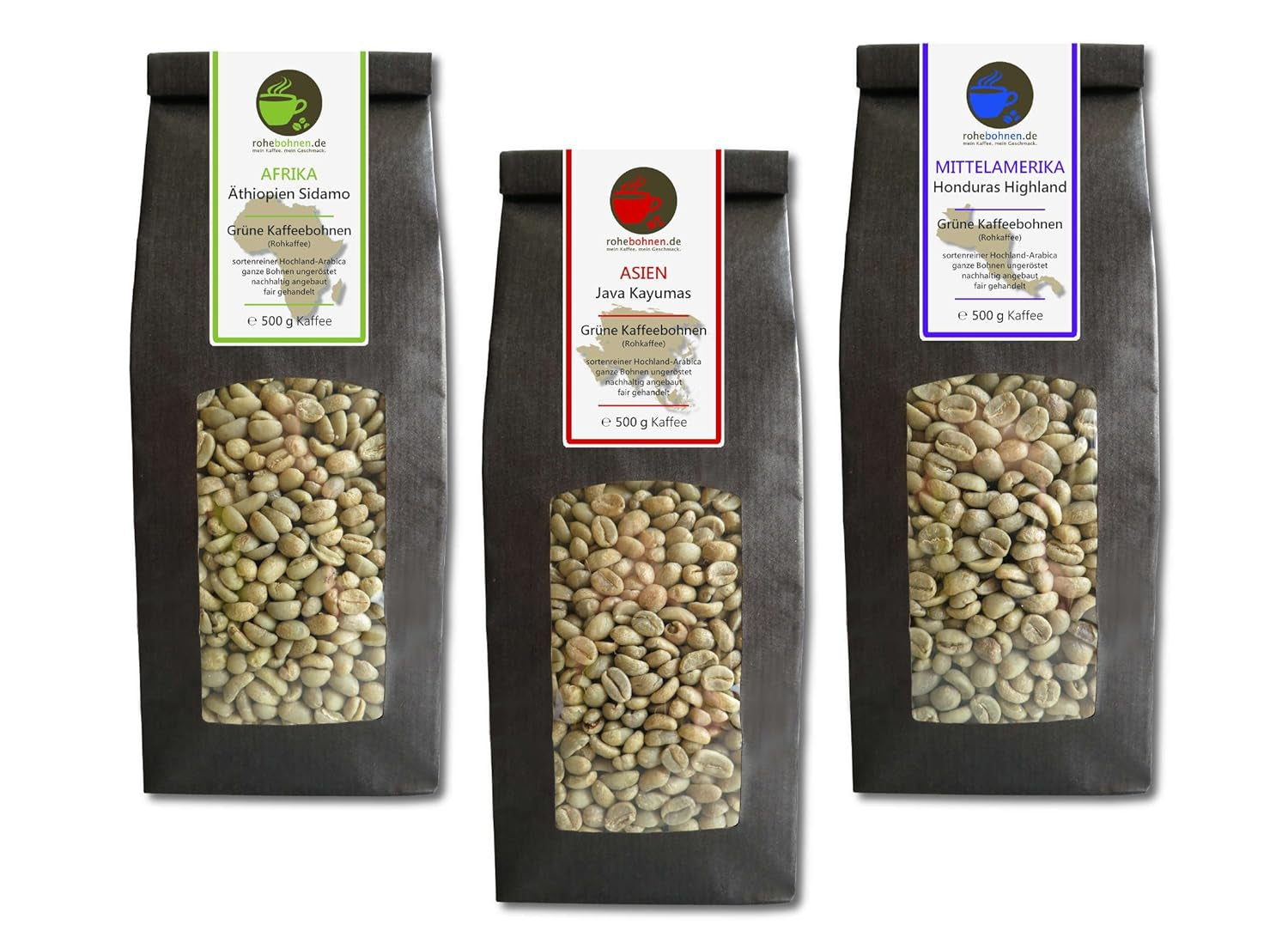 Rå kaffe - Økologisk Etiopien, Java, Honduras grøn kaffe (reduceret pakke grønne kaffebønner 3x500 g) - GMP certificeret