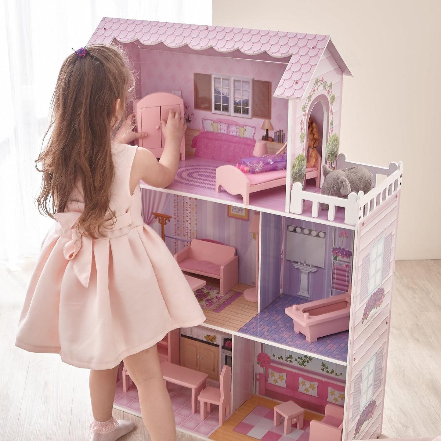Olivia's Small World Giant Dukkehus, stort trædukkehus med møbler og tilbehør, 3-etagers dukkehus til børn, dukkehus til 12" dukker, 3 år + Naty Shop dukkehuse