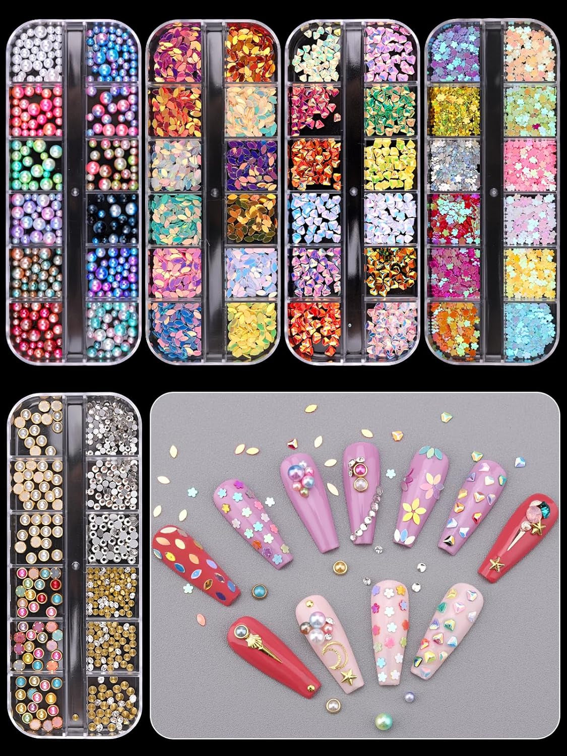 EBANKU Nail Art Strass Kit Multi Design Zubehör Mit 1 Pinzetten 1 Stück Wachsstifte Deko Diamanten Kristalle Perlen Edelsteine ​​Bunt Pferdeaugen Strass Metal Nieten Für Nagel DIY (1 Stück (10Er Pack))