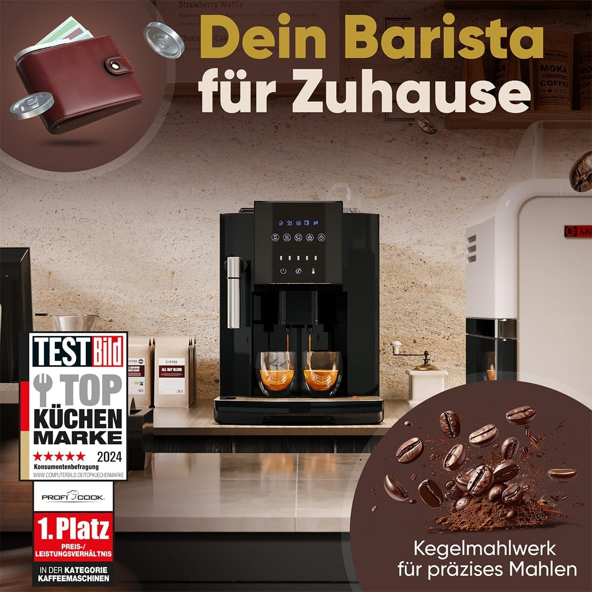 Fuldautomatisk ProfiCook® espressomaskine med mælkeskummer til cappuccino | Konisk kværn | med kopvarmefunktion | Italiensk professionel pumpe | Touchskærm | Espresso | PC KAV 1281