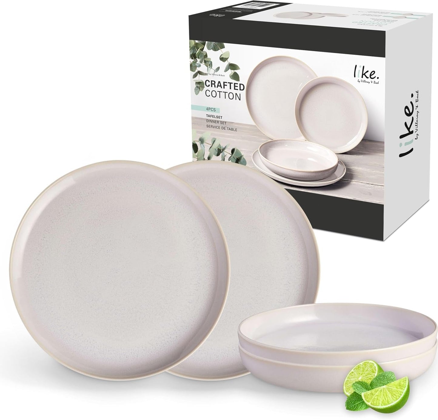 ligesom. af Villeroy & Boch – Madlavningssæt i bomuld 4 teilig Weiß, Spülmaschinenfest, Mikrowellensicher, Geschirrset, Tafelservice Modern, Speiseteller, Tiefe Teller, Pottery-Look, Premium Porzellan