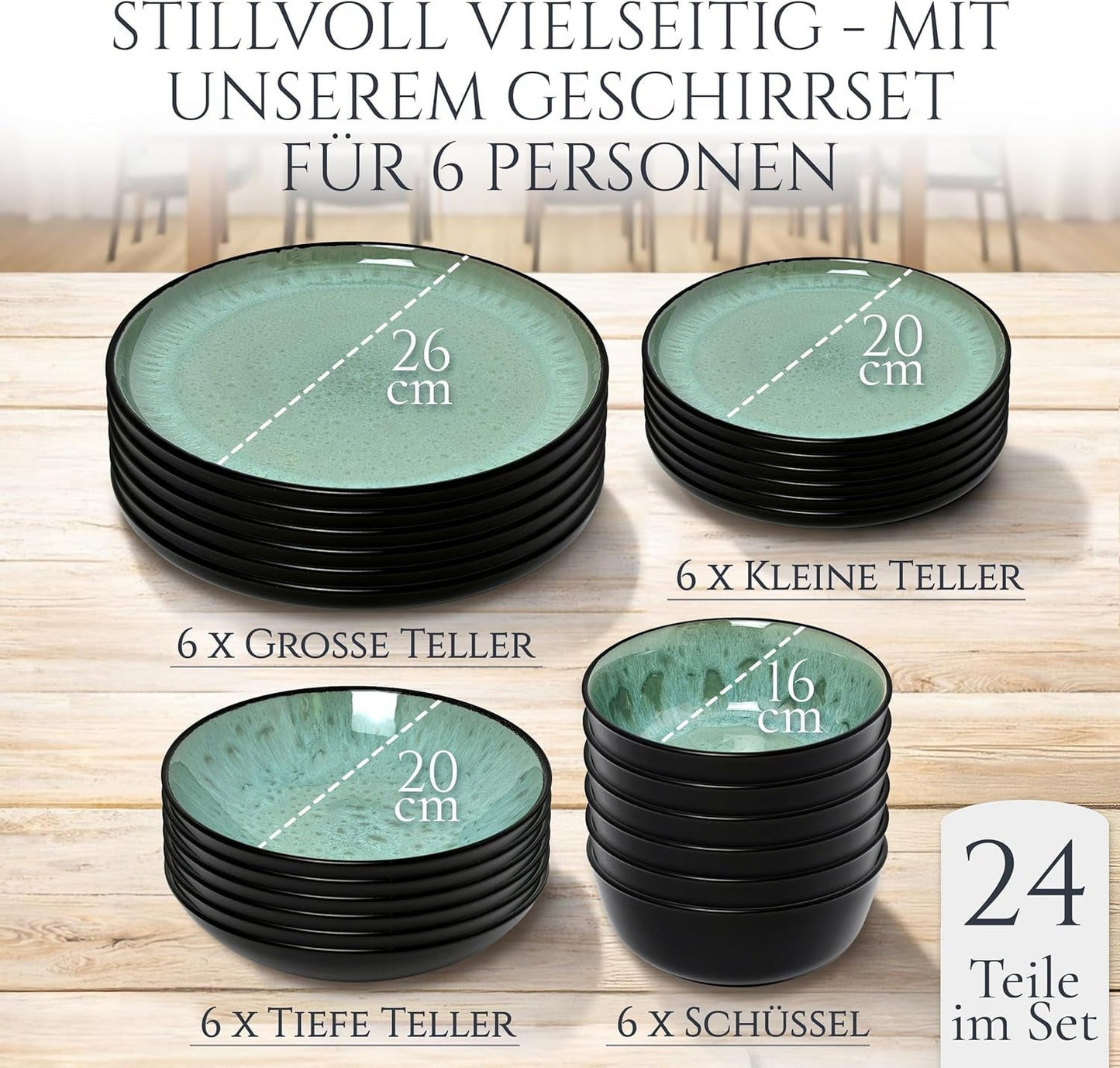 24-delt keramisk stentøjsstel til 6, Ibiza-design, TESTVINDER. Et lækkert middelhavsservicesæt med skåle og tallerkener. Pure Living servicesæt, salviegrøn.