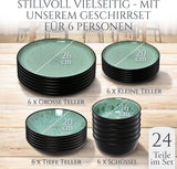 24-delt keramisk stentøjsstel til 6, Ibiza-design, TESTVINDER. Et lækkert middelhavsservicesæt med skåle og tallerkener. Pure Living servicesæt, salviegrøn.